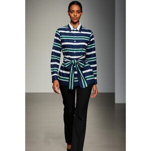 Carolina Herrera Striped Cotton Belted Shirt Dress Top 2 Multicolor Button Down